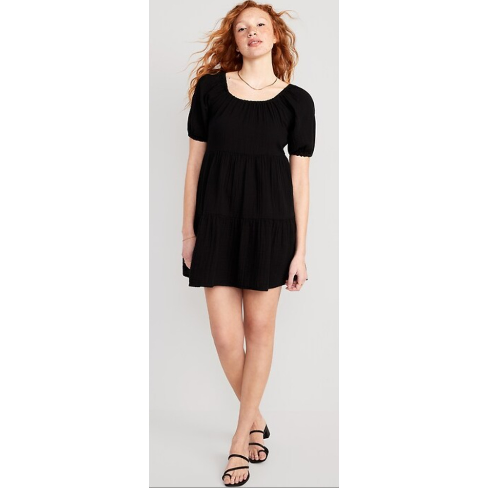 Old Navy Black Cotton Puff Sleeve Tiered Mini Swing Dress TALL